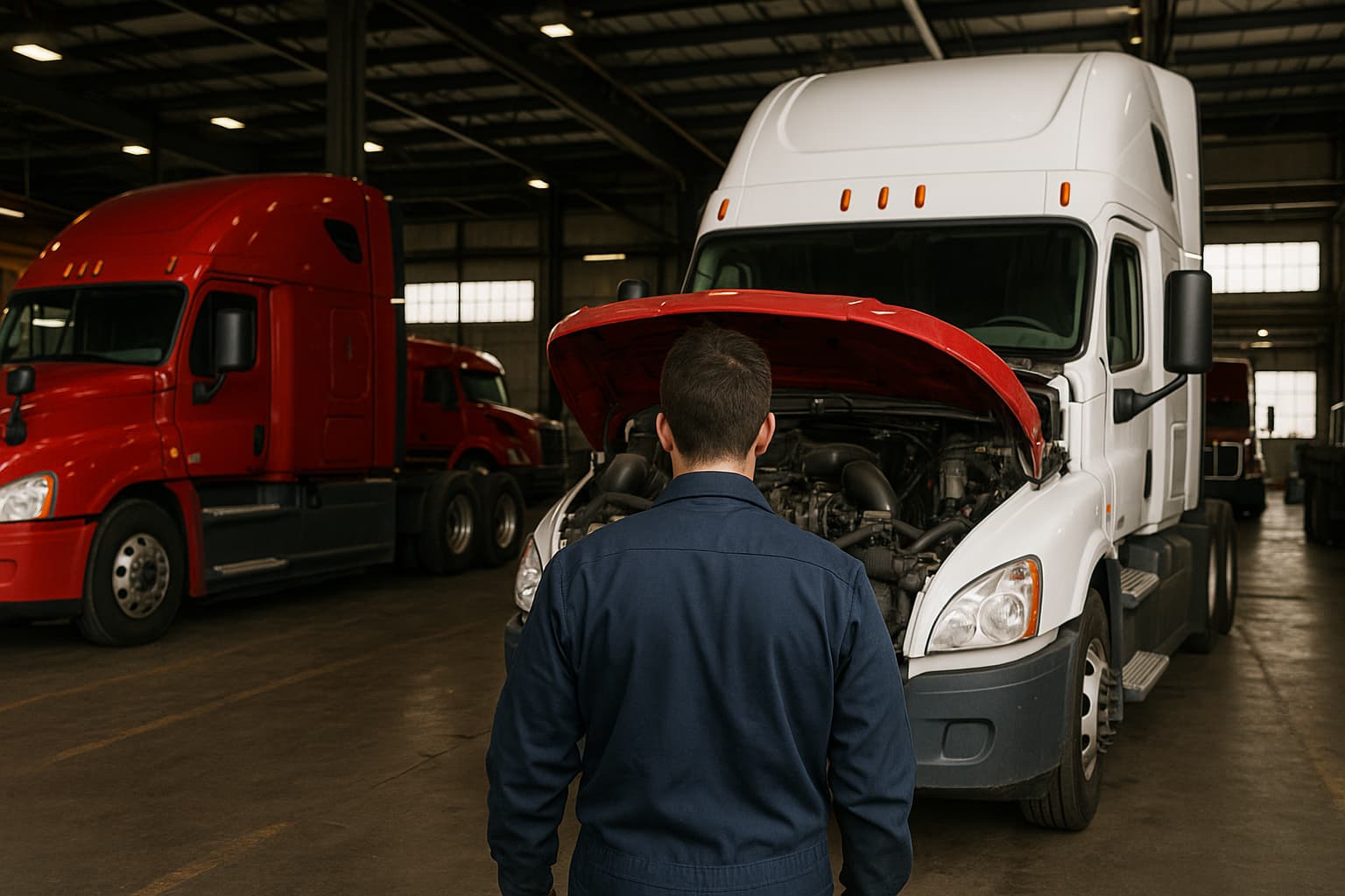 Truck repair shop with technicians working